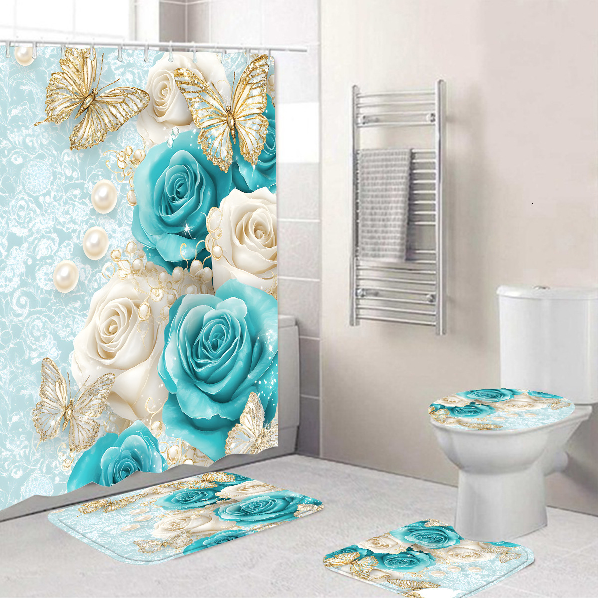 Shower Curtain Pink Bowknot Floral And Plant Pattern Black Background Bathroom Partition Curtain With Hooks