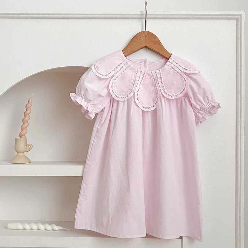 Girls Pink Princess Dresses New Summer Baby Dress Puff Sleeve Korean Style Petal Collar Toddlers Kids Cotton Cute Party Dress H260407