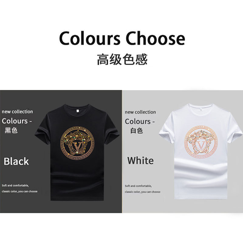 Luxury Brand Designer Trendy High-End Ice Silk Rhinestone Short Sleeve T-Shirt Men Fashion European Casual European Station Mercerized Cotton Men Thin