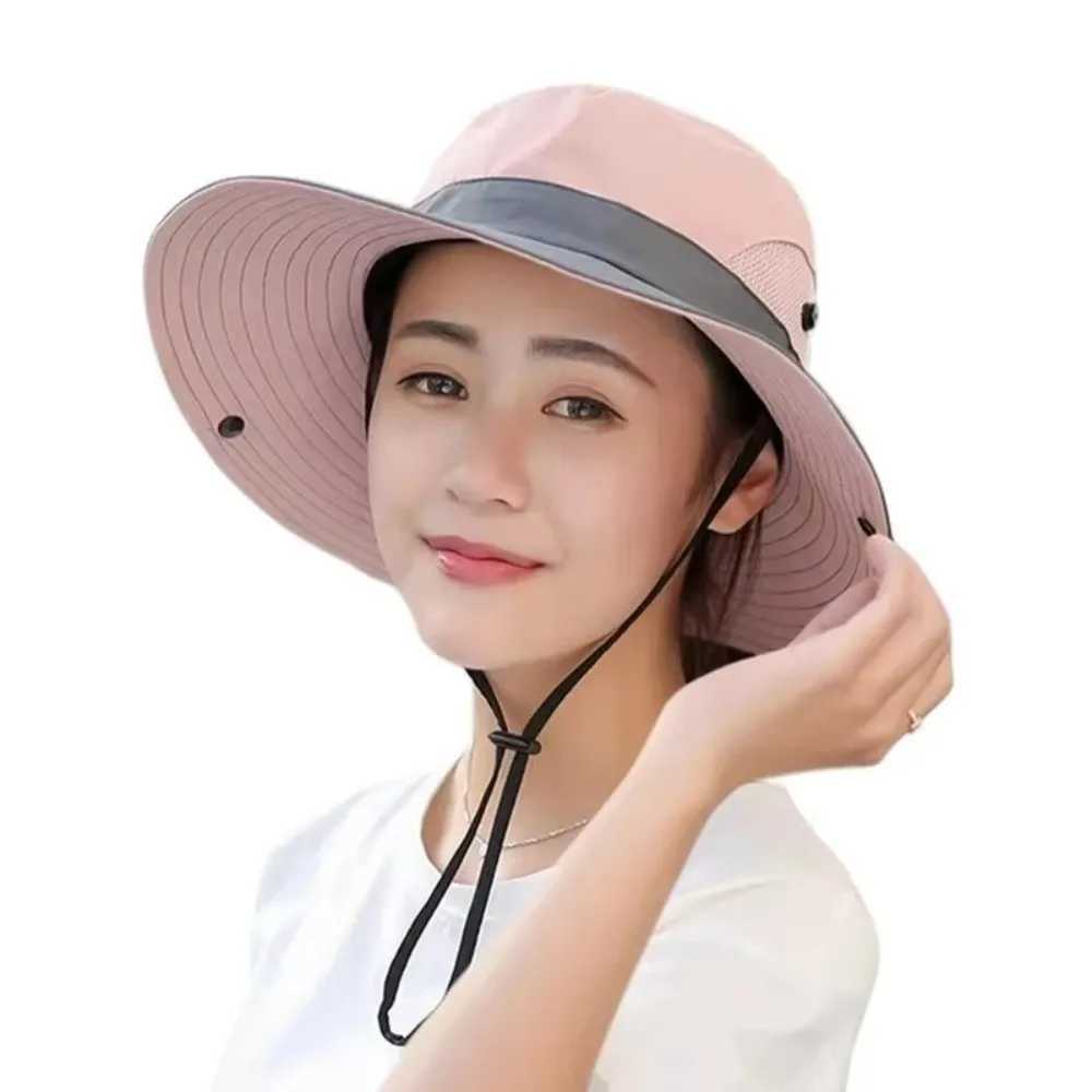 New Large Brim Summer Quick Drying Bucket Hats Hiking Hat Breathable Outdoor Casual Cap Adjustable Women Sunscreen Hat H260407