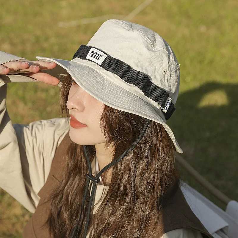 Womens sunscreen bucket hat Outdoor hiking sun hat Foldable hat Lanyard sun hat H260407