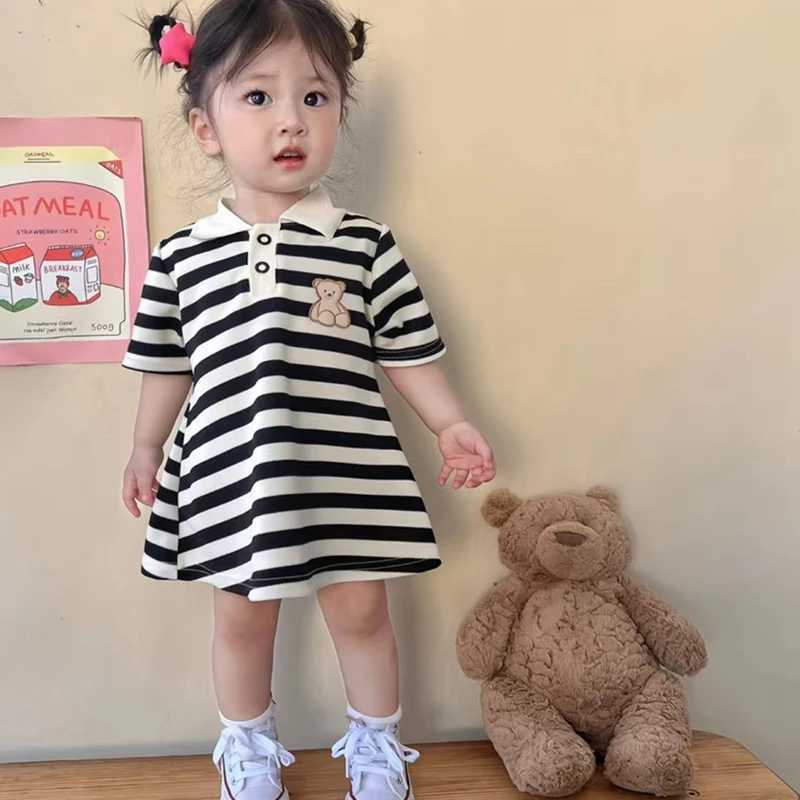 1pcs Children Short Sleeve Dress Kids Leisure Skirts Summer Baby Black White Stripe Skirt Pupil Girls Fashion Clothes 80cm-160cm H260407
