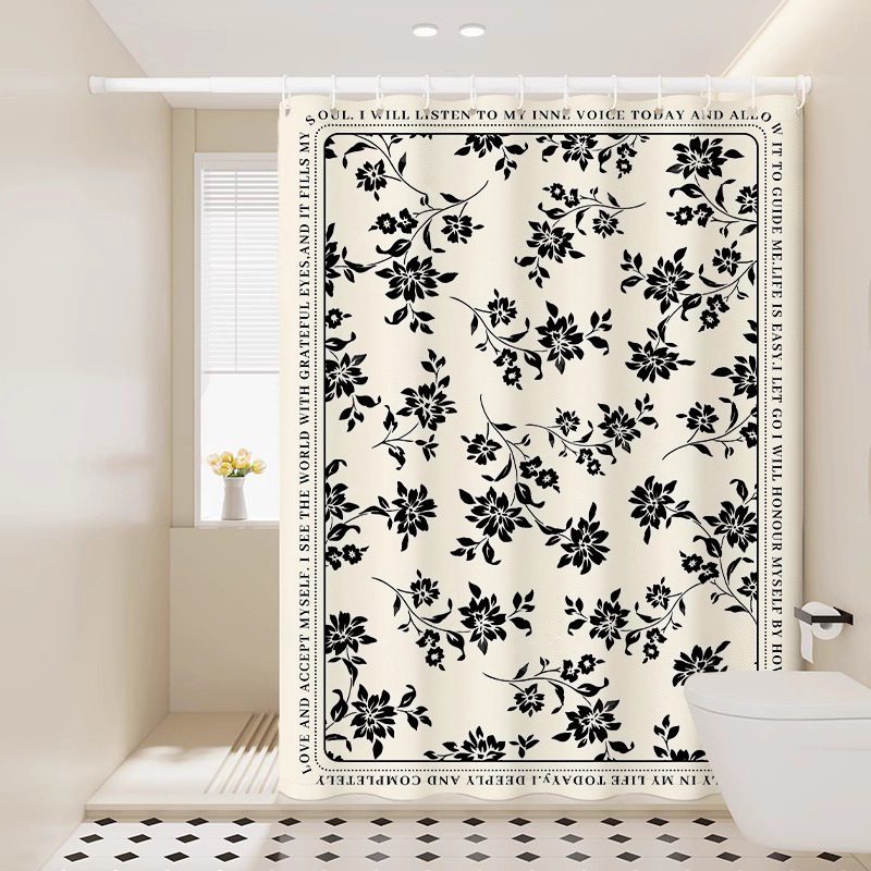 Bathroom Set Full Flower Print Pattern Waterproof Fabric No Drill Installation Partition Curtain For Shower Room And Toilet