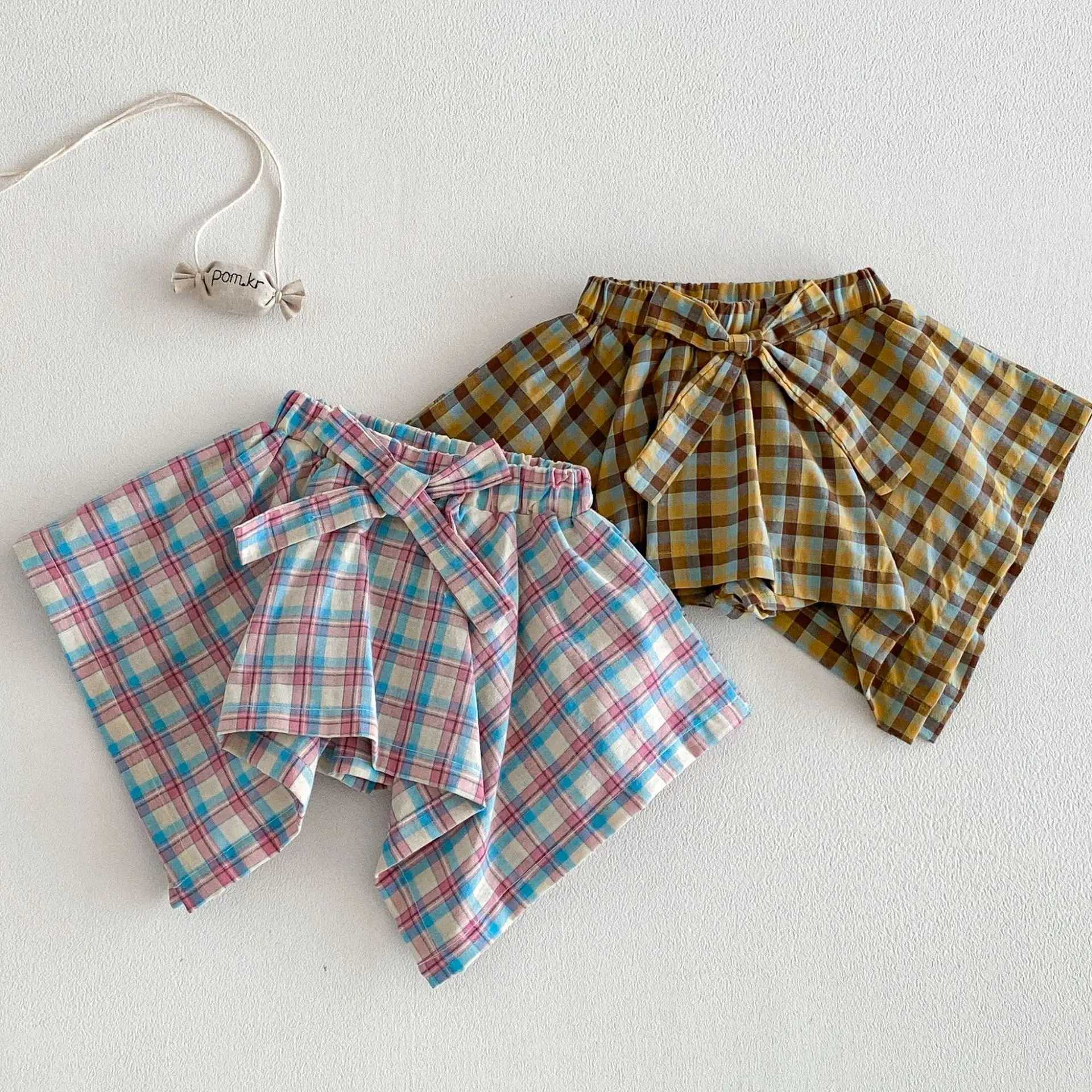 2026 Korean Style Summer 6M-5T Childrens Bloomer Vintage Plaid Bow Decoration Girls Bloomer Fake Two-piece Skort Style H260407