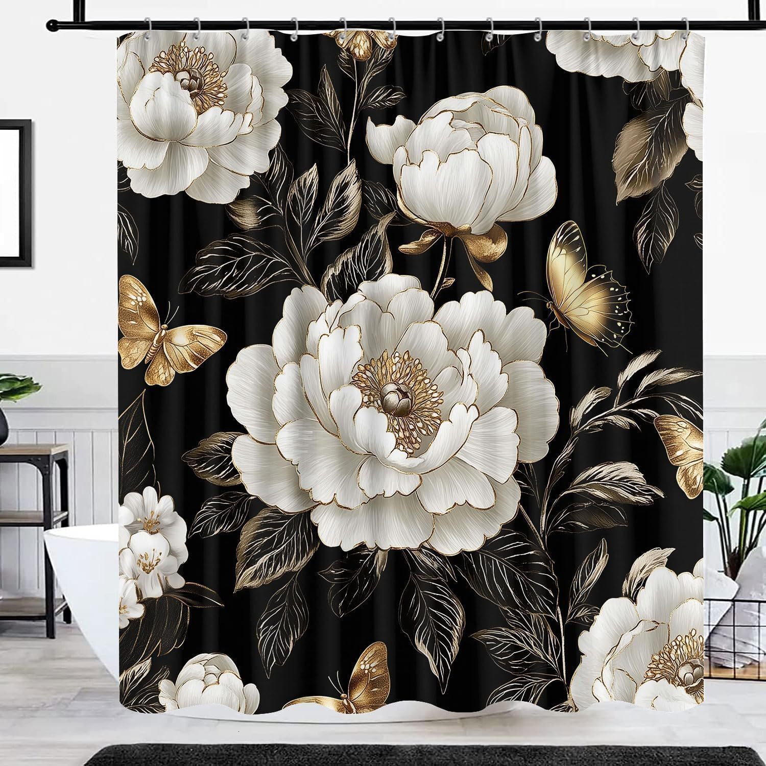 Shower Curtain White Camellia Floral Plant Design Digital Printing Bathroom Partition Curtain With Hooks Black Gold Color