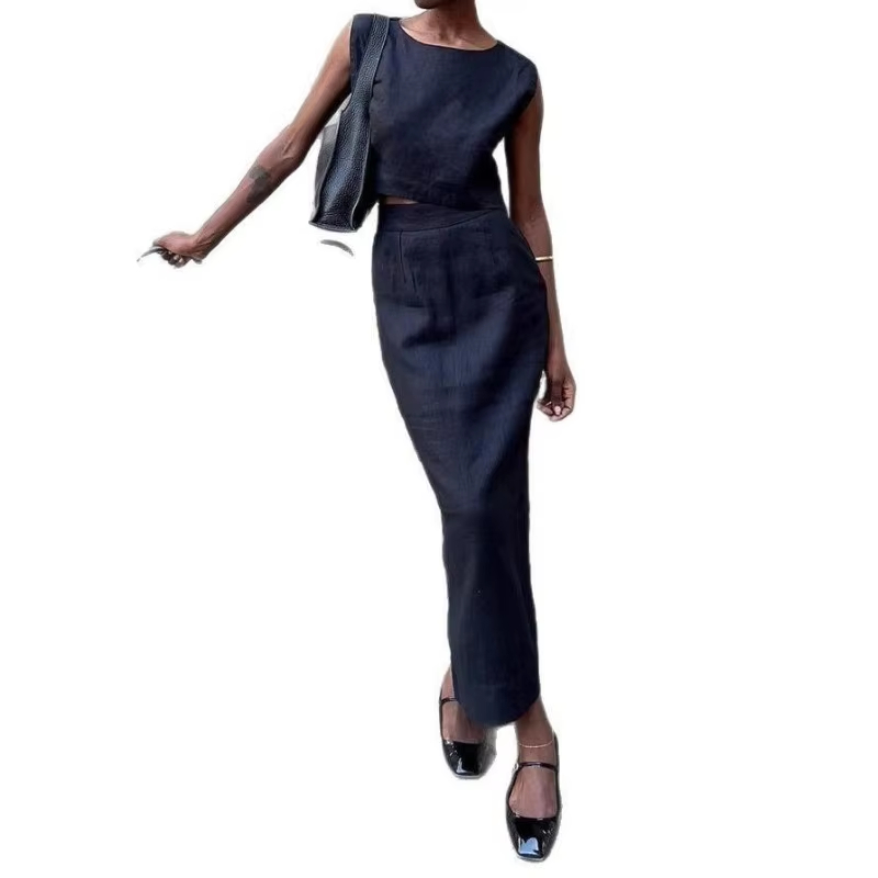 Summer Cotton Linen Vest Half Skirt 2-Piece Set Women's INS Chic Short Vest Casual Set Fashion Split Long Skirt Suits