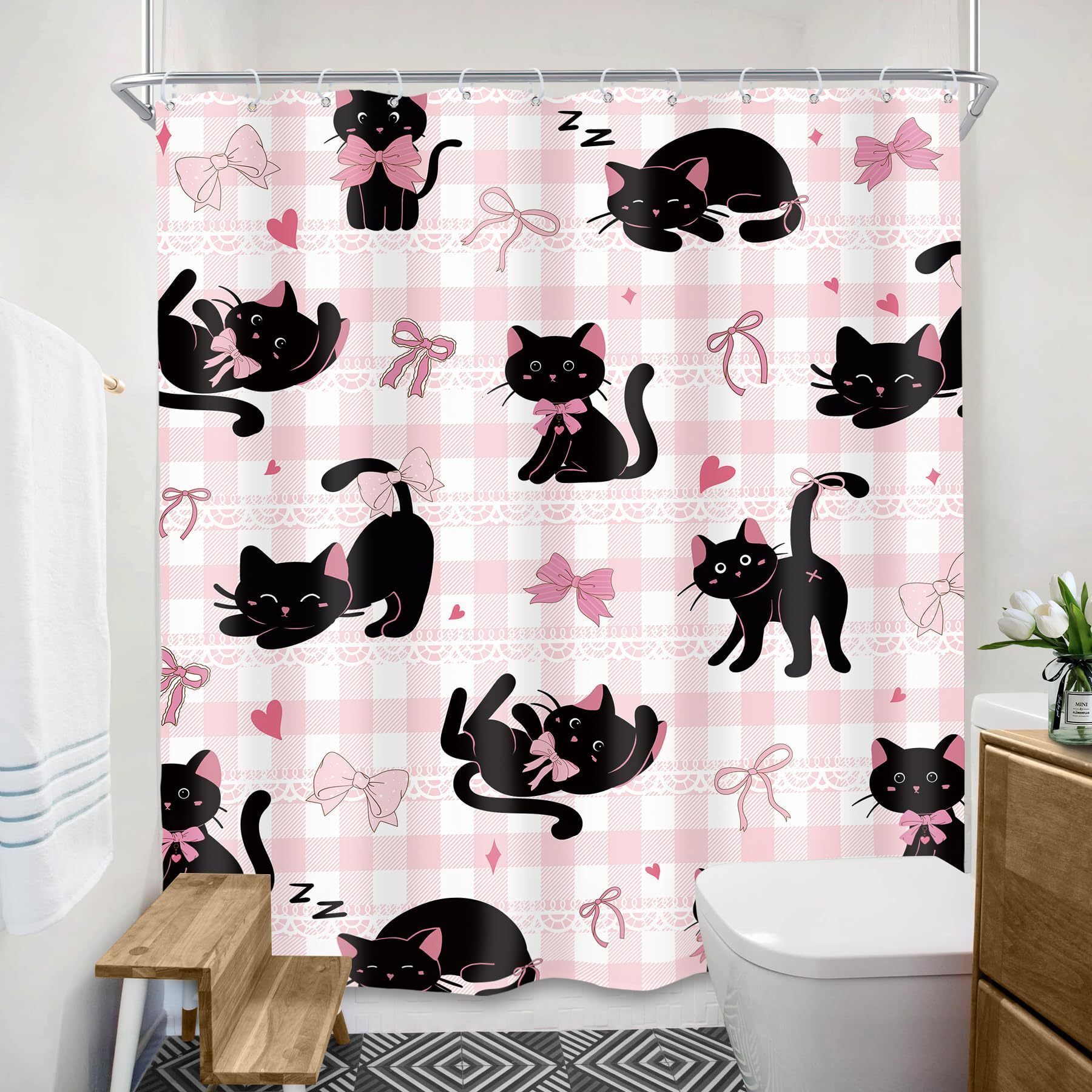 Shower Curtain Fun Bow Black Cat Animal Theme Cute Style Digital Printing Waterproof Mildew Proof Bathroom Toilet Partition Curtain