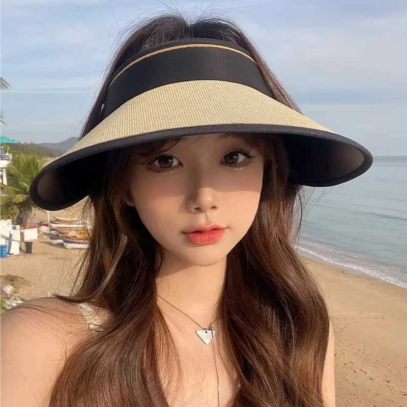 Summer new sunshade and sun protection empty top hat for female cyclists foldable straw woven hat for outdoor travel H260407