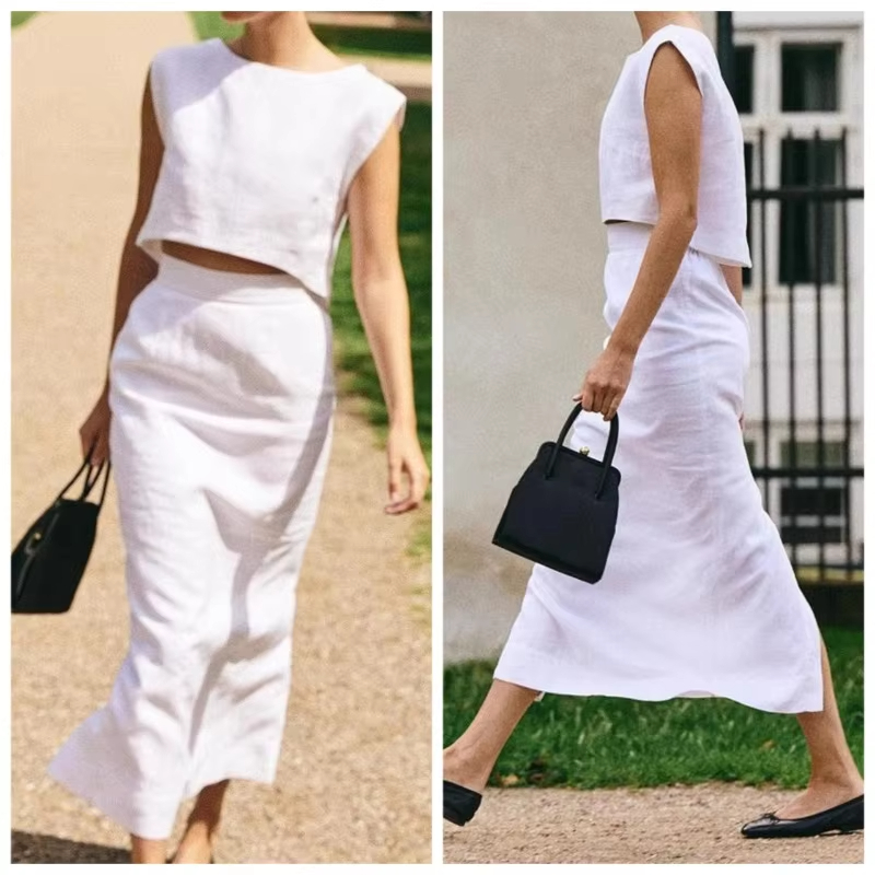 Summer Cotton Linen Vest Half Skirt 2-Piece Set Women's INS Chic Short Vest Casual Set Fashion Split Long Skirt Suits