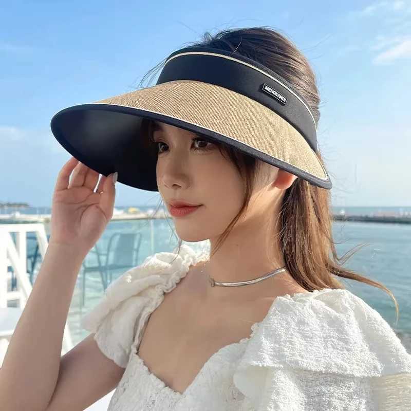 Summer new sunshade and sun protection empty top hat for female cyclists foldable straw woven hat for outdoor travel H260407