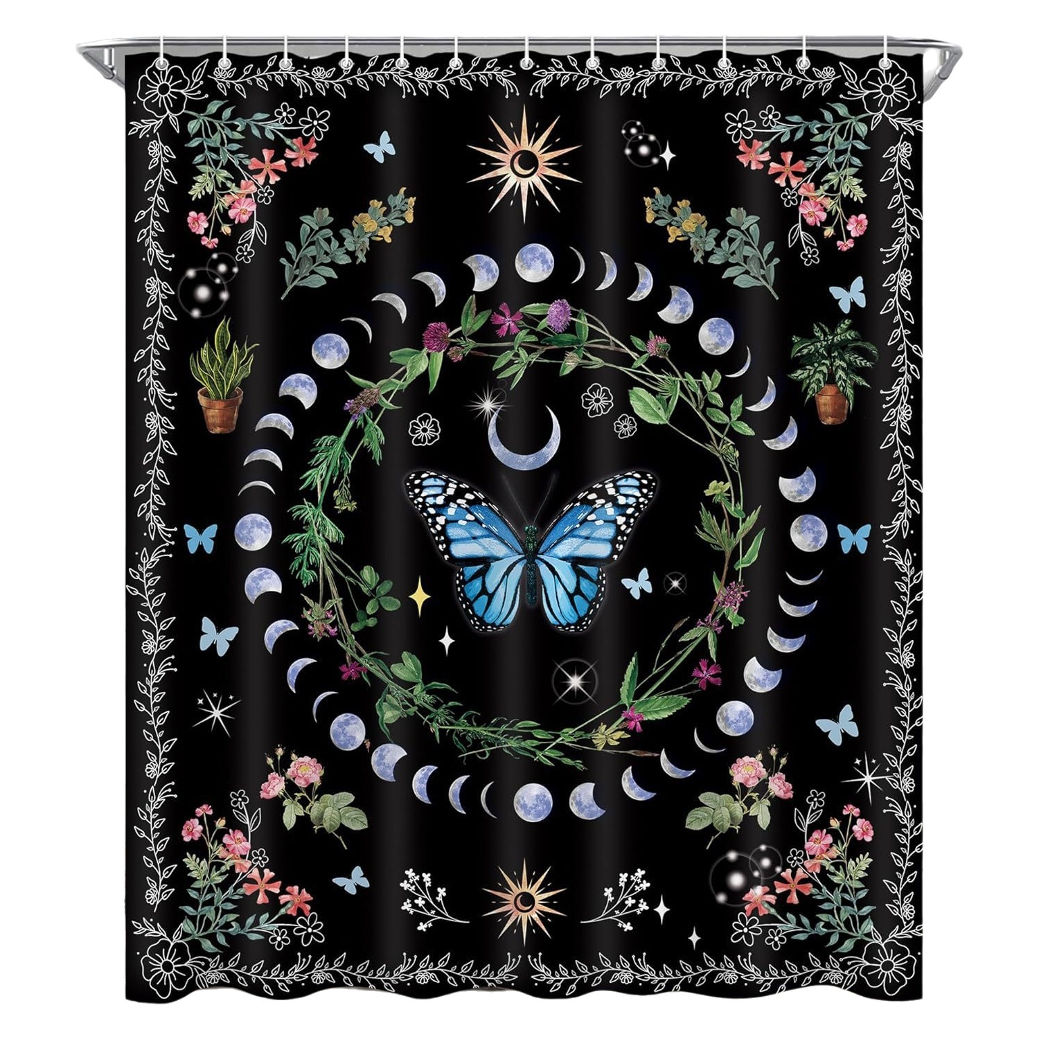 Shower Curtain Witch Bohemian Butterfly Moth Sun Moon Phase Pattern Bathtub Coverage No Drilling Waterproof Bathroom Partition Curtain