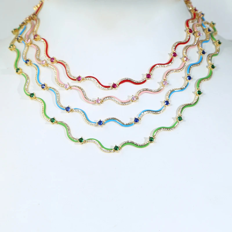 Colorful Enamel Water Wave Tennis Necklaces for Women Paved Bling Cubic Zirconia Gold Color Chocker Party Fashion Jewelry260410BJ