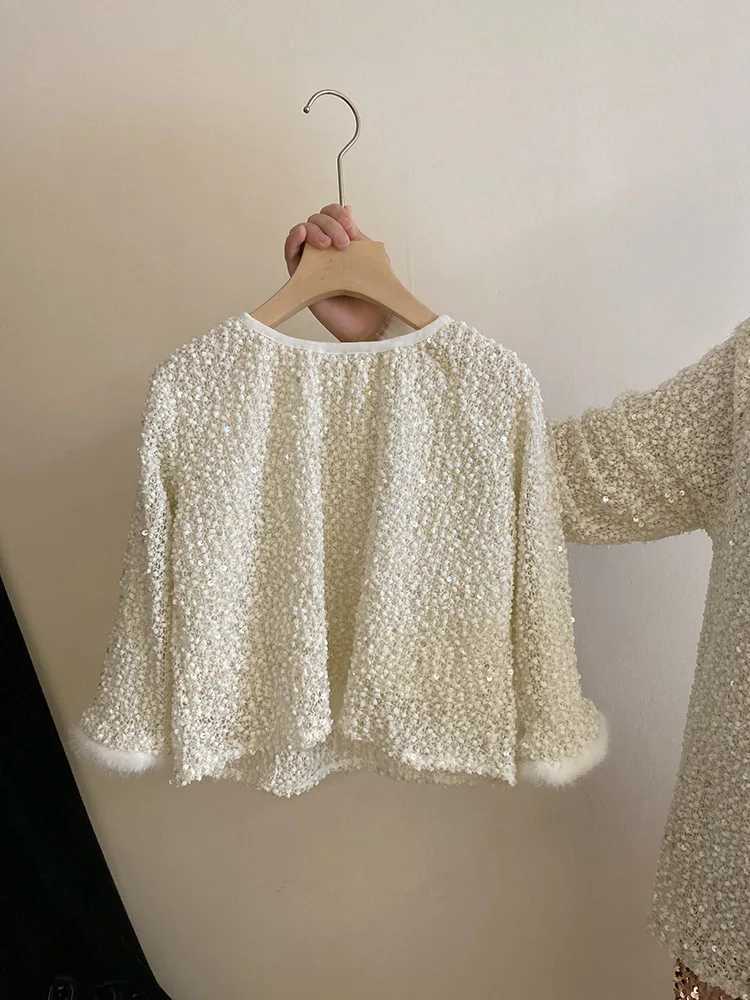 Girls Korean-Style Spring and Autumn New Sequined Cuff Beaded Jacket Pink Skirt Two-Piece Set H260407