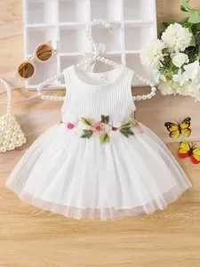 Soft Pink Knit Sleeveless Dress - 3D Flower Accent Tulle Skirt Girls Sweet Princess Outfit H260407
