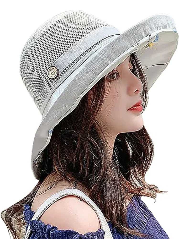 Breathable Summer UV Protection Wide Brim Women Sun Hat Foldable Beach Travel Mesh Bucket Hat Outdoor Gardening H260407
