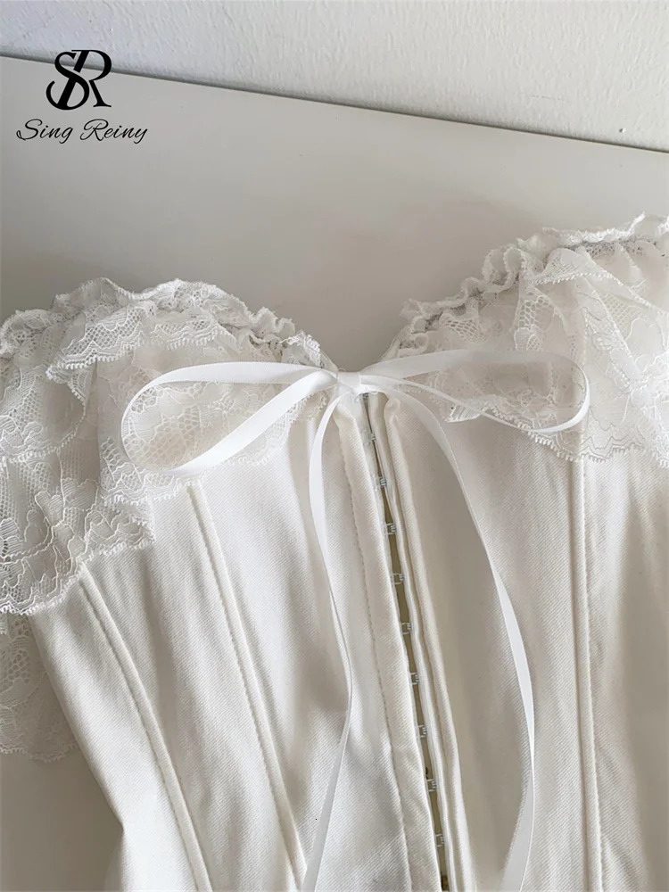 SINGREINY Feminine Lace Corset Tops Off Shoulder Lace Up Splice Summer 2026 Tank Top French Style Court Versatile Sensual Camis 260327