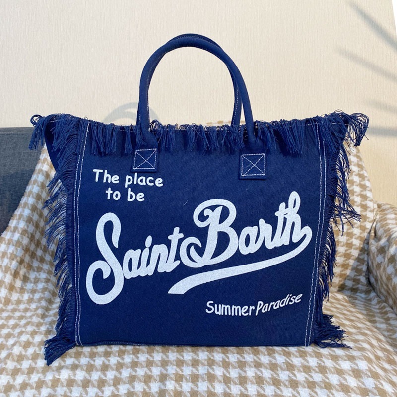 2026 New Arrival Saint Barth Fringe Tote Bag for Women - Ivory Canvas Beach Handbag, Retro Boho Summer Paradise Tote