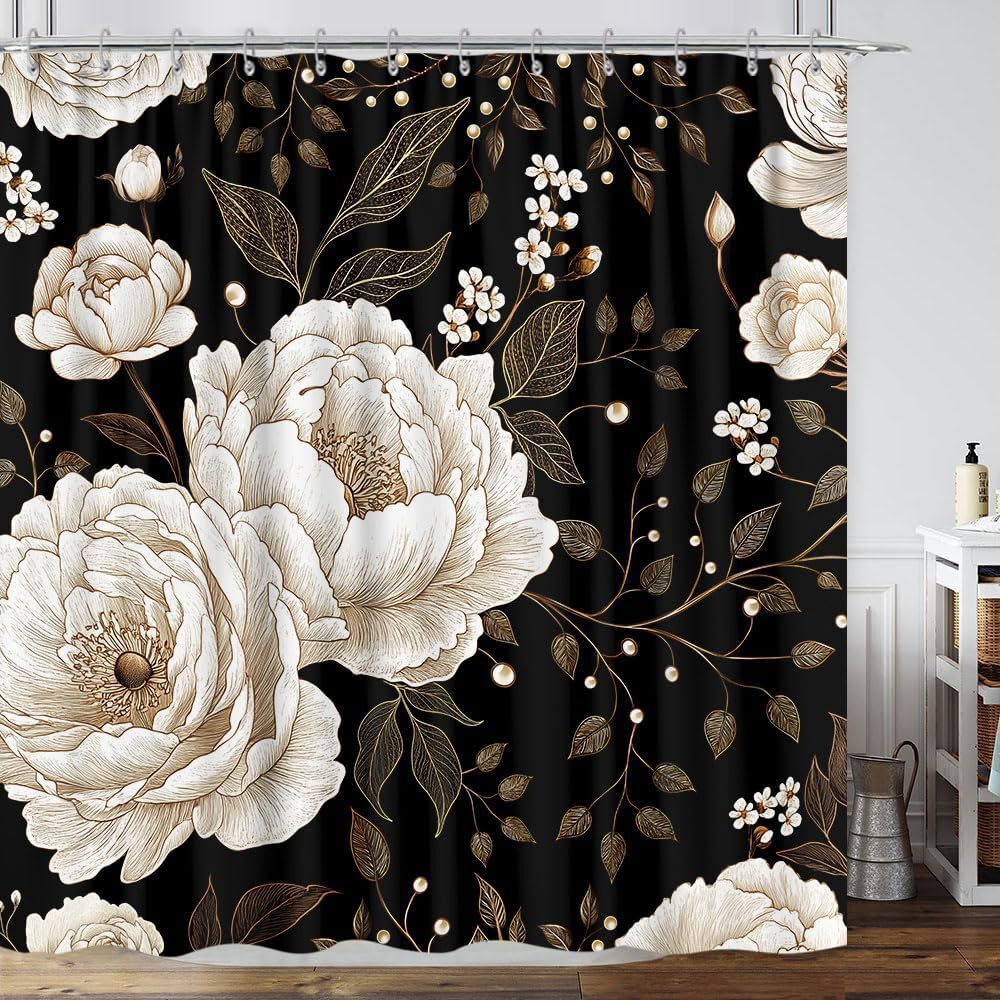 Shower Curtain White Camellia Floral Plant Design Digital Printing Bathroom Partition Curtain With Hooks Black Gold Color