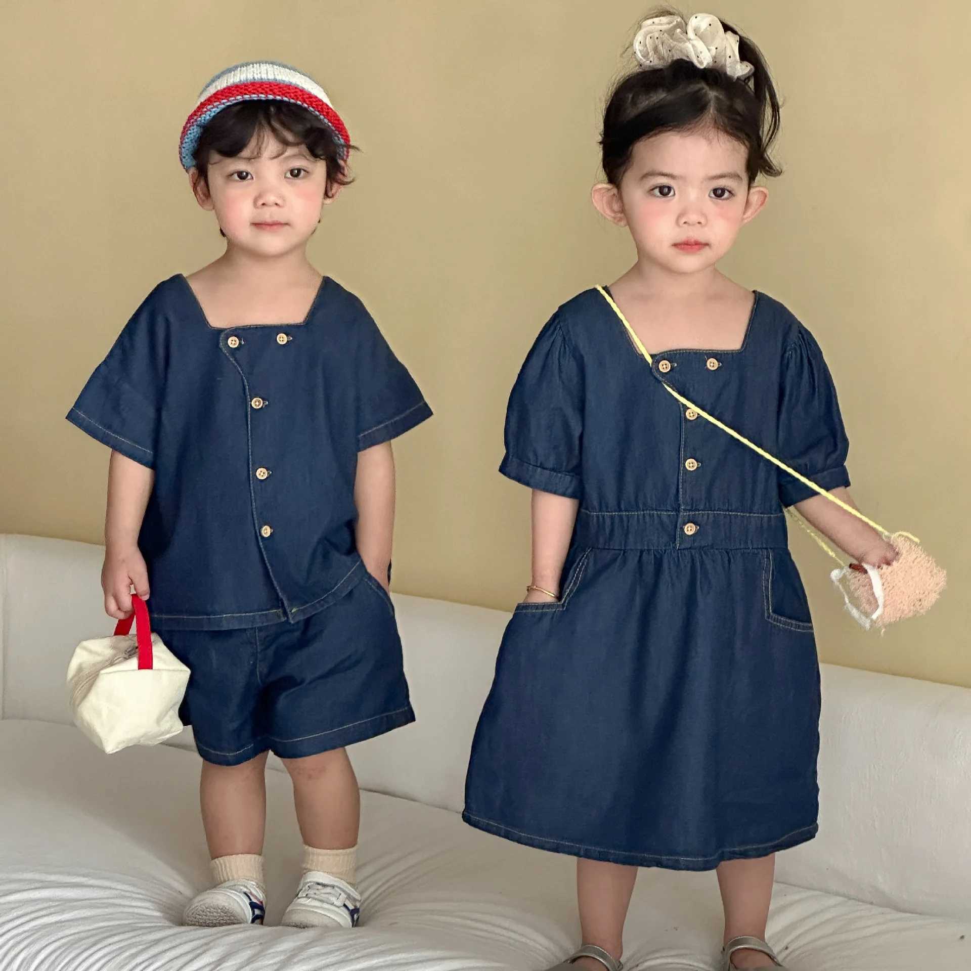 2026 Summer Cotton Denim Clothes Blue Square Neck Dress for Girls Diagonal Button TeeShorts 2Pcs Clothing for Boys H260407