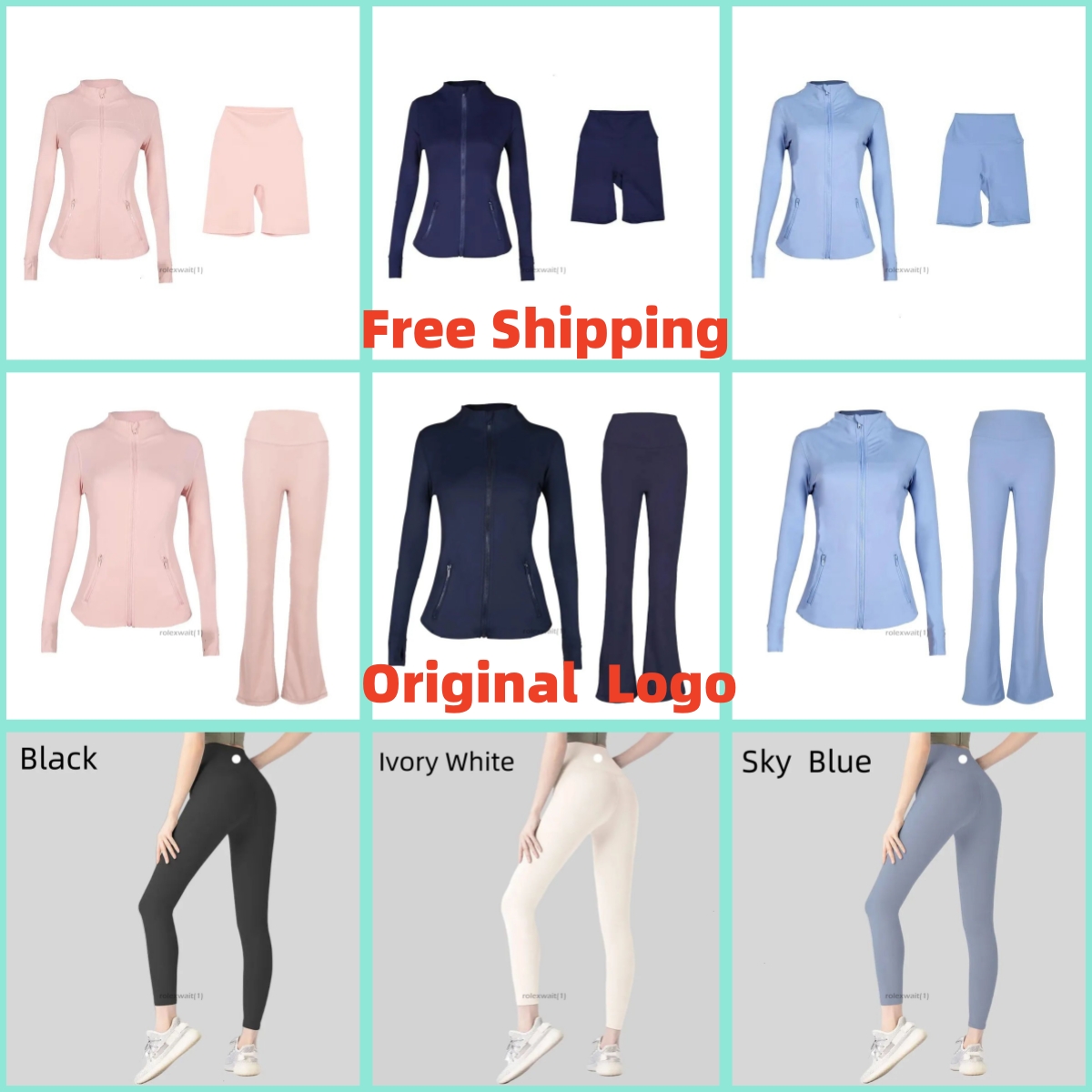 5A Designer 2 Piece Yoga Workout Set Women's Gold Zip Cropped Jacket Full Length High Waist Leggings Gym Athletic Activewear Fitness Outfits