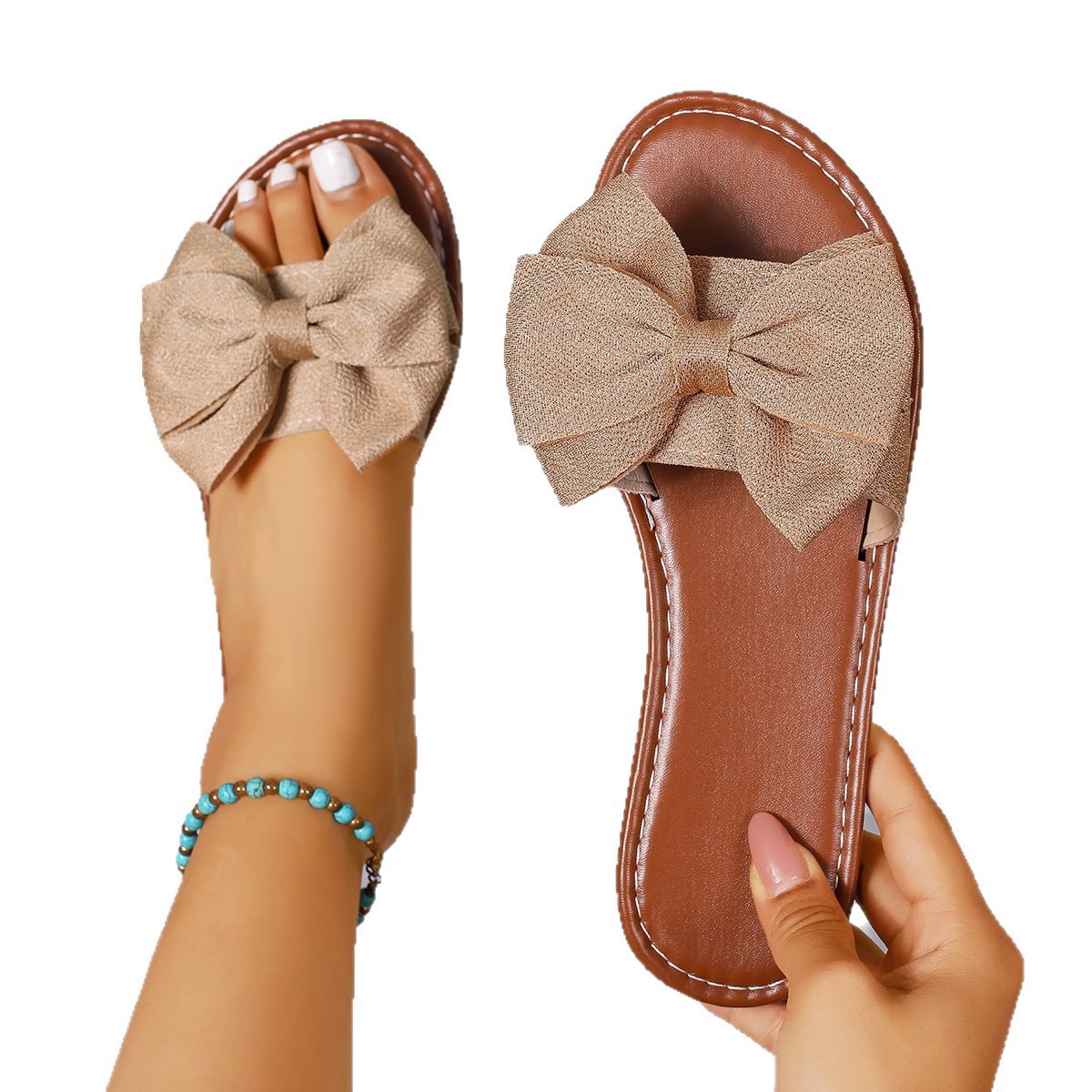 Free shipping Sandals Bohemian Style Women Beach Slippers With Big Bowknot Lightweight Round Headed Flat Slide For Home Summer 2026