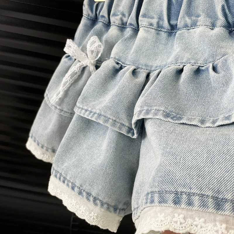 Girls Denim Lace-Trimmed Multi-Layered Tiered Skirt H260407