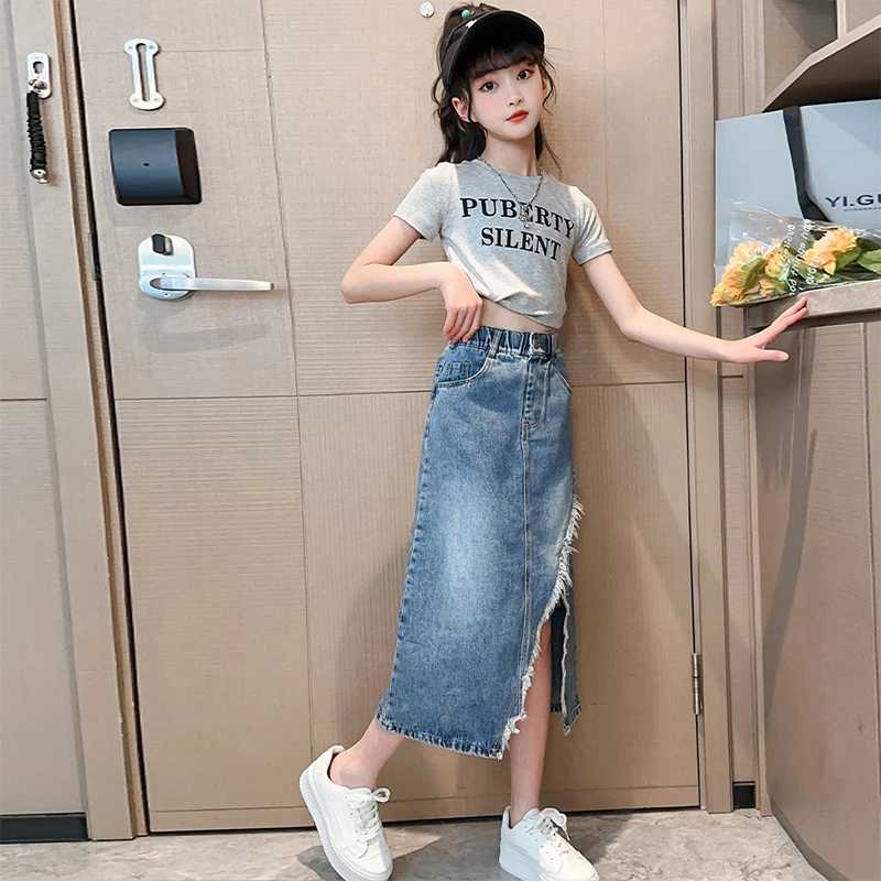 5 6 7 8 9 10 11 12 13 Year Teen Girls Denim Skirt New Fashion Korean Version Split Long Skirt Children Clothing Birthday Present H260407
