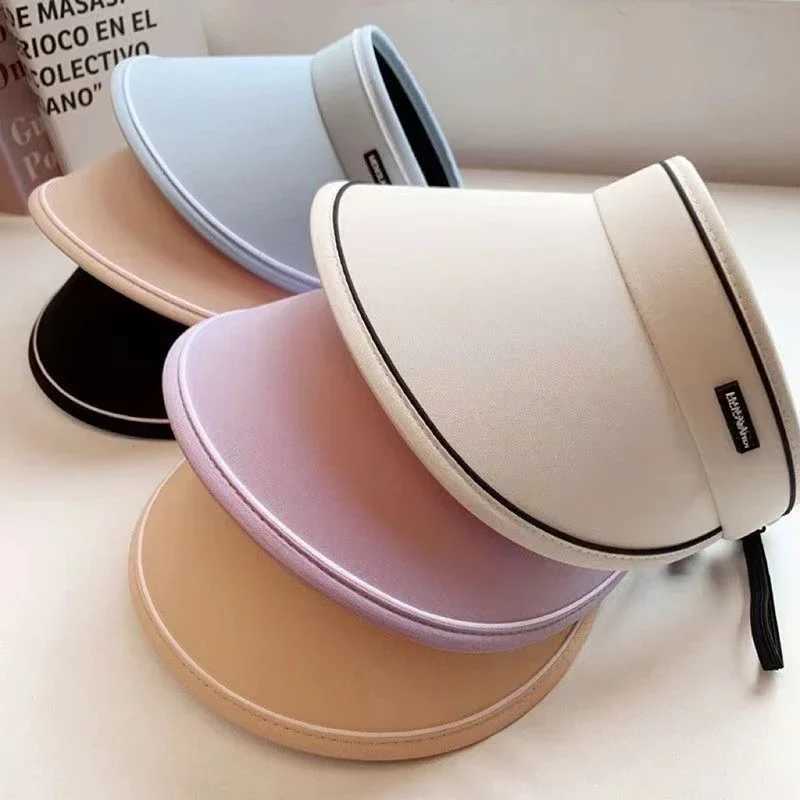 New Women Roll Up Sun Visor Wide Brim Hat Summer Foldable Packable UV Protection Empty Top Ponytail Cap For Beach Travel Bonnet H260407