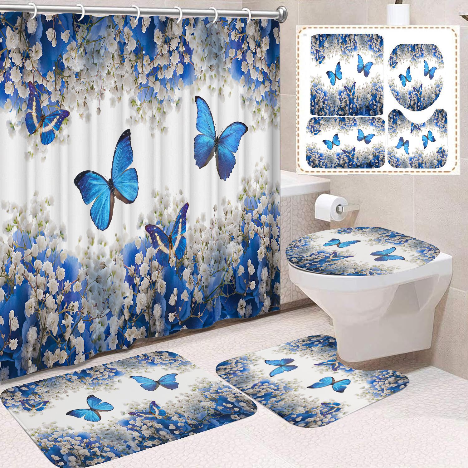 YL-38454 Home Decor Pink Butterfly and Flower Waterproof Shower Curtain Set (4 Pieces)