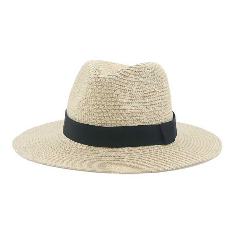 Black Ribbon Panama Straw Hat Flat Eaves Outdoor Spring and Summer Sunshade Beach Hats for Women H260407