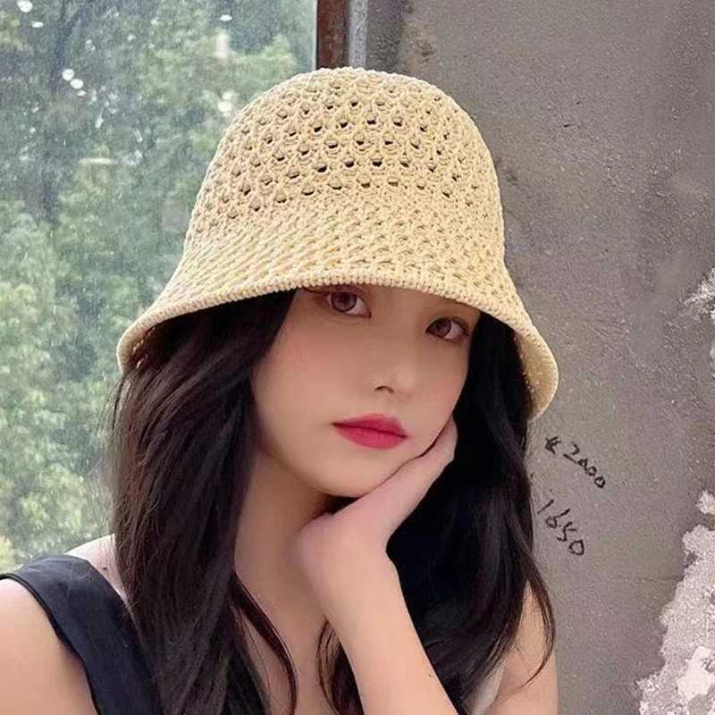 Bucket Hat Spring Summer Hollow Knitted Hat Solid Color Sunhat Fisherman Caps Casual Foldable Beach Cap H260407