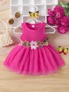 Soft Pink Knit Sleeveless Dress - 3D Flower Accent Tulle Skirt Girls Sweet Princess Outfit H260407