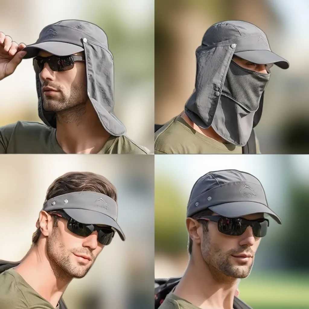 Mens Quick Dry Bucket Hat with Detachable Face Mask Neck Cover UV Protection for Hiking Fishing Camping H260407