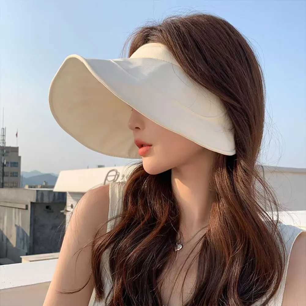 New Summer Sun Hat for Women Anti-UV Beach Visor Caps Girls Hollow Top Folding Sunscreen Beach Hat Outdoor Wide-Brim Caps H260407