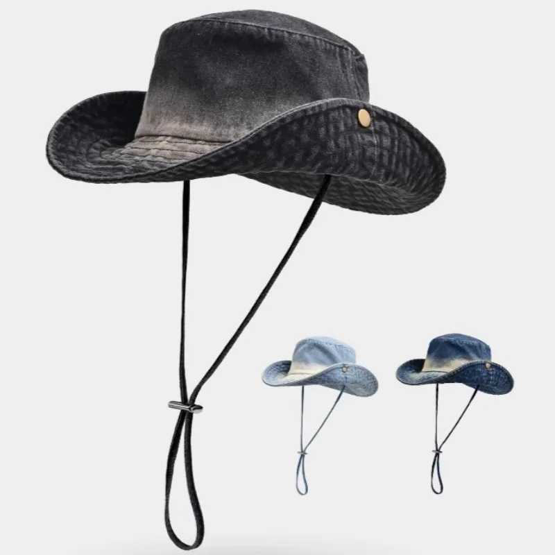 Gradient Washed Western Cowboy Bucket Hats Women Spring Summer Climbing Mountain Hiking Hat Sun Hat Men Sunscreen Fisherman Caps H260407
