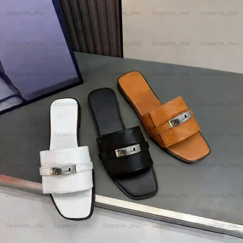 Designer Women's Slides Flat Sandals Genuine Leather Hsandal Buckle Slippers Casual Summer Beach Shoes Open Toe Comfortable Slip-on Footwear