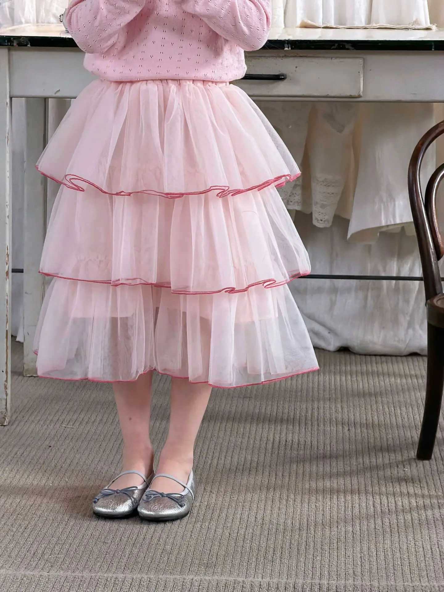 2026 Spring Sweet Style Children Skirt Pink Three-Layer Tulle Tiered Skirt for 2-7Y Girls Lightweight Flowy Dress H260407