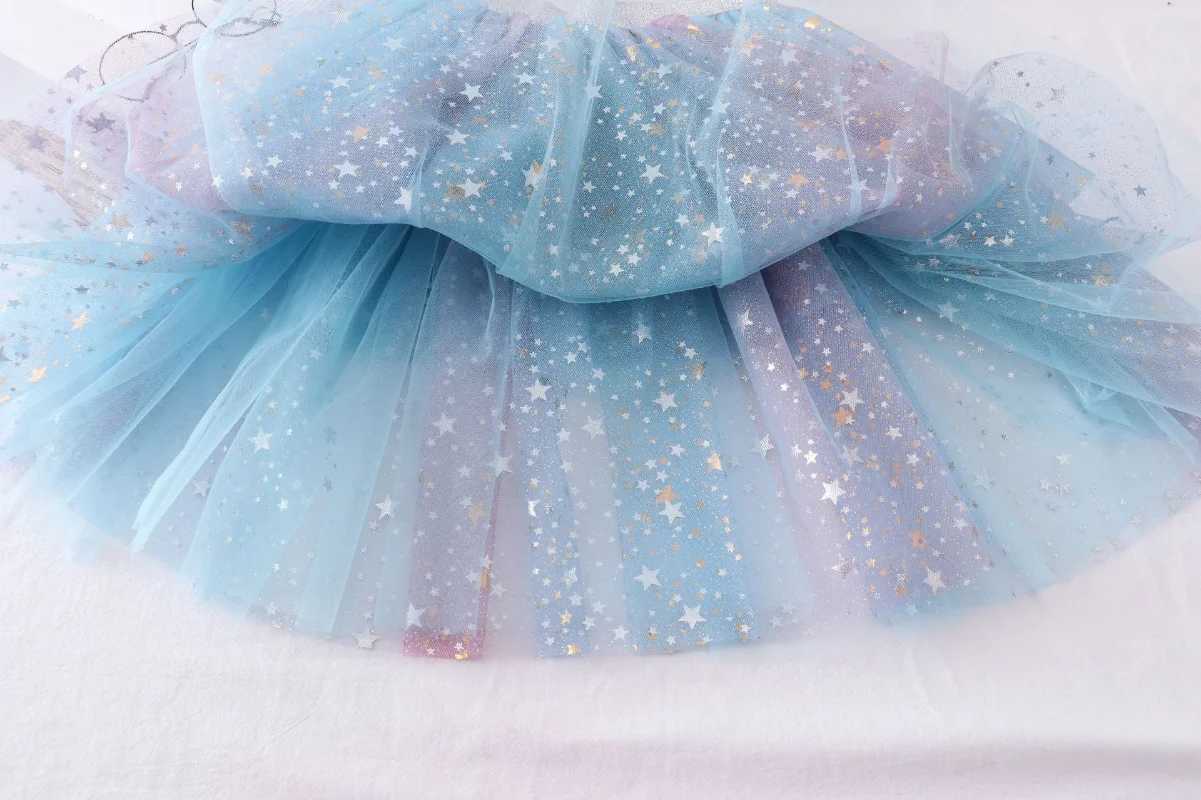 2023 Summer Girls Stars Sequin Mesh Tutu Skirt Fairy Print Puffy Cake Skirts School Girl Pleated Princess Skirt H260407