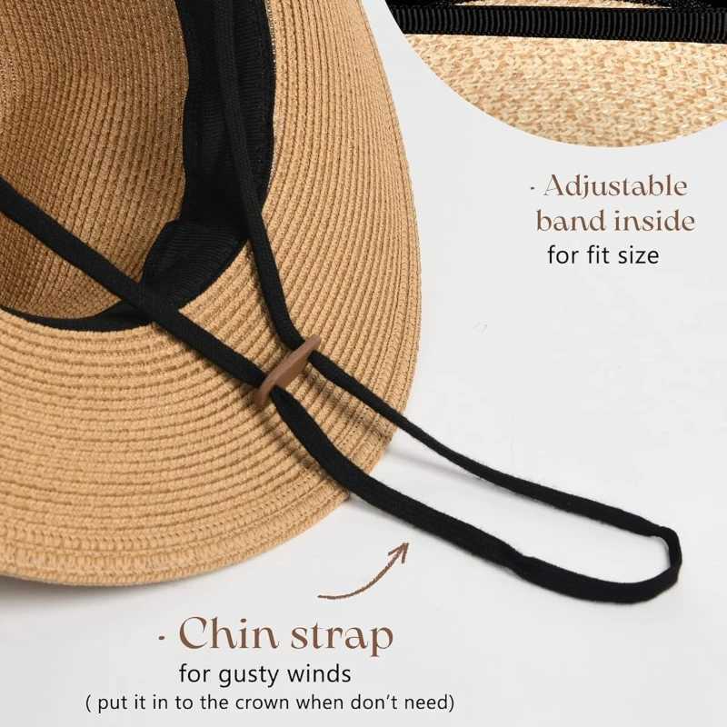1pc Sun Hats for Women Wide Brim Roll-Up Beach Ponytail Panama Hat Packable Foldable Travel Straw Visor for outdoor tralve H260407