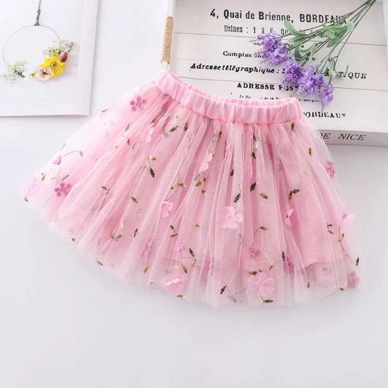 2024 New Embroidery Kids Girls Mesh Skirts Princess Pretty Stars Sequined Pleated Tutu Floral Girl Lace Faldas Dance Clothes H260407