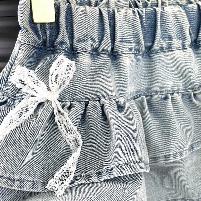 Girls Denim Lace-Trimmed Multi-Layered Tiered Skirt H260407