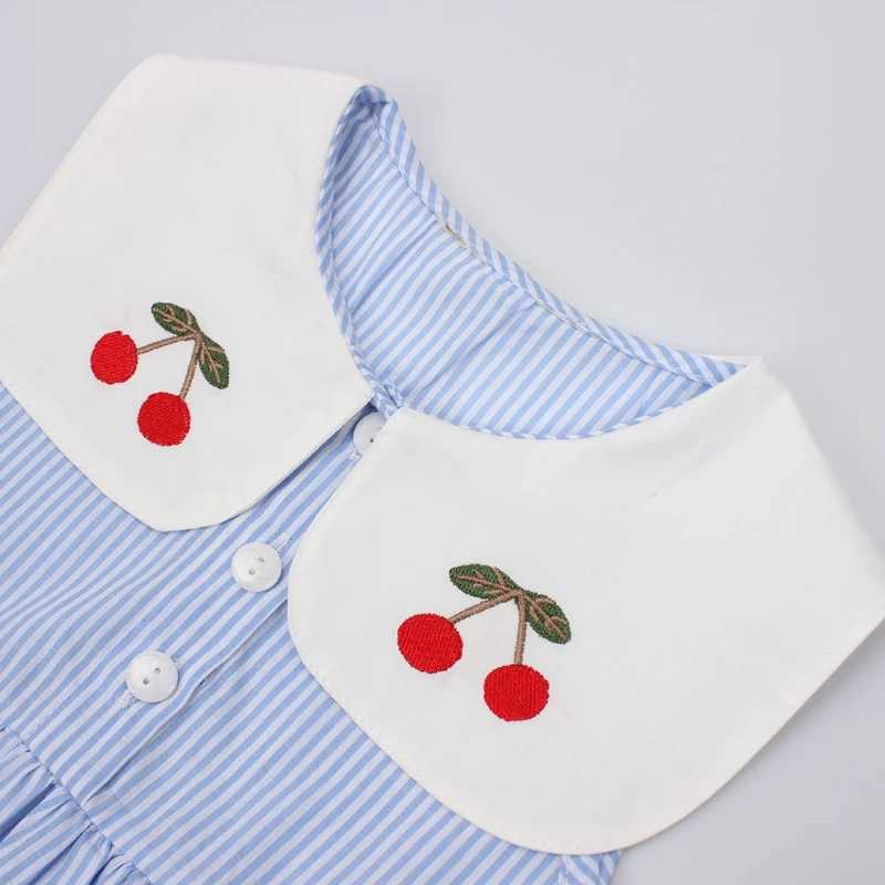 New Summer Embroidery Cherry Turn-down Collar Sleeveless Striped Dress Cotton Infant Princess Dress Toddler Girls Clothes H260407