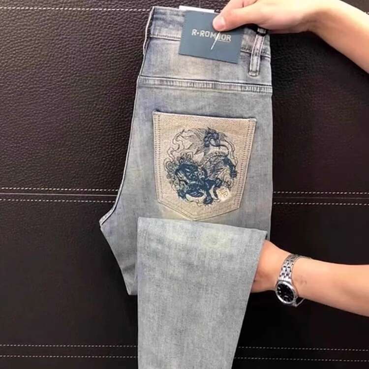 Men's Patched Slim-Fit Skinny Jeans Korean Style Embroidered Stretchy Long Pants Fashionable Trendy Versatile Daily Denim