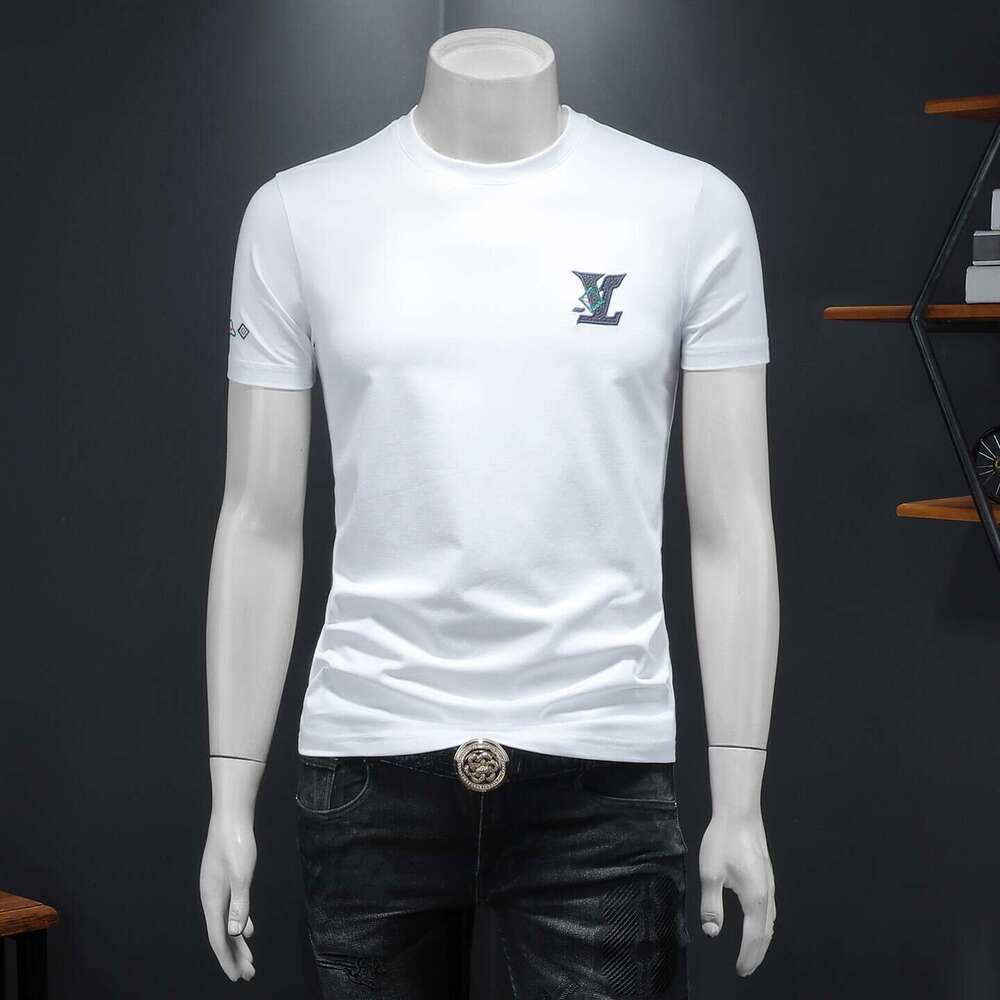 European 2026 Summer New Men's Embroidered T-Shirt, Round Neck Pullover, Short Sleeve, Simple Base Shirt
