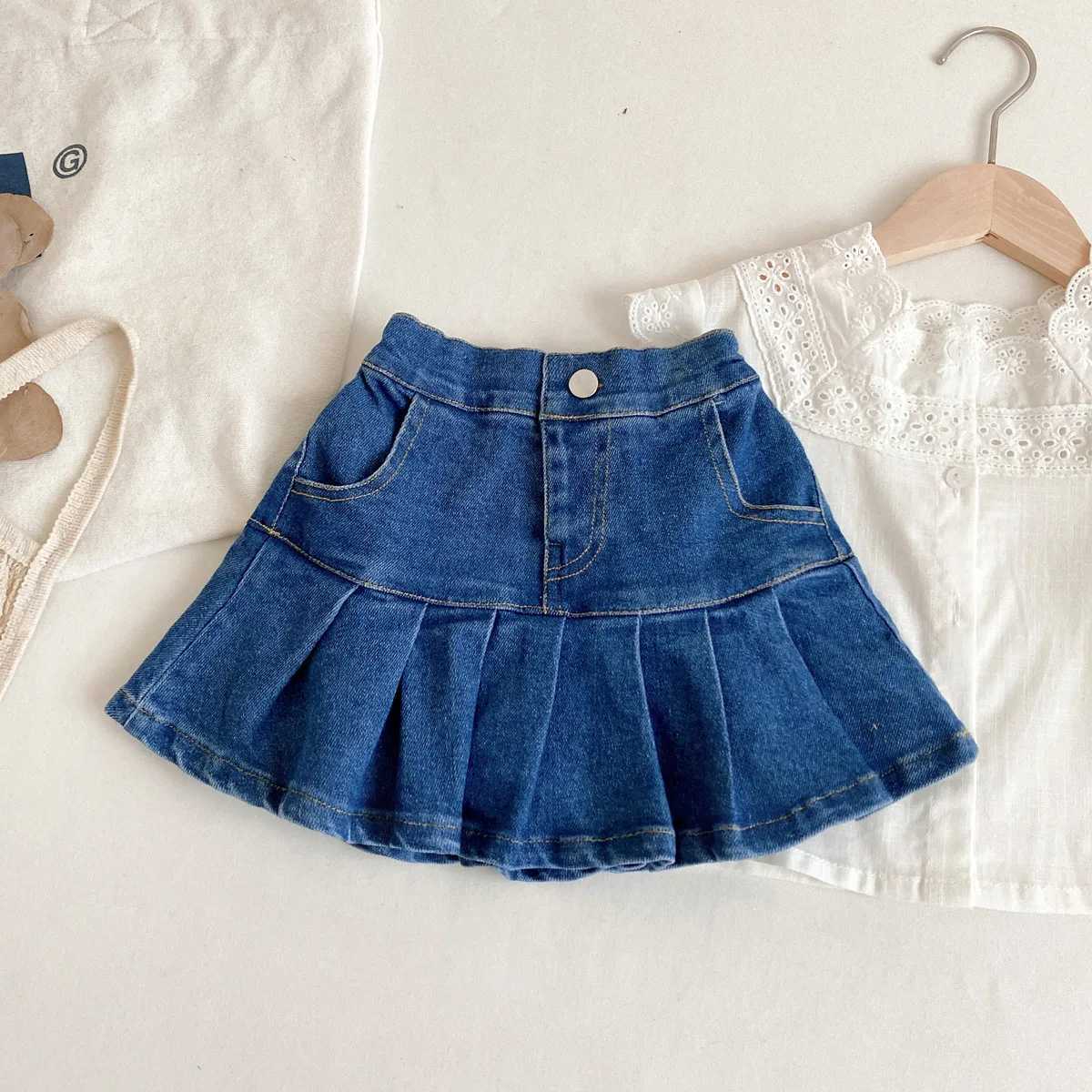 Girls Denim Pleated Skirt Pants Childrens Clothing 2025 Summer Japanese Korean Baby Girl Elastic Short Skirt Half Body Skirt H260407