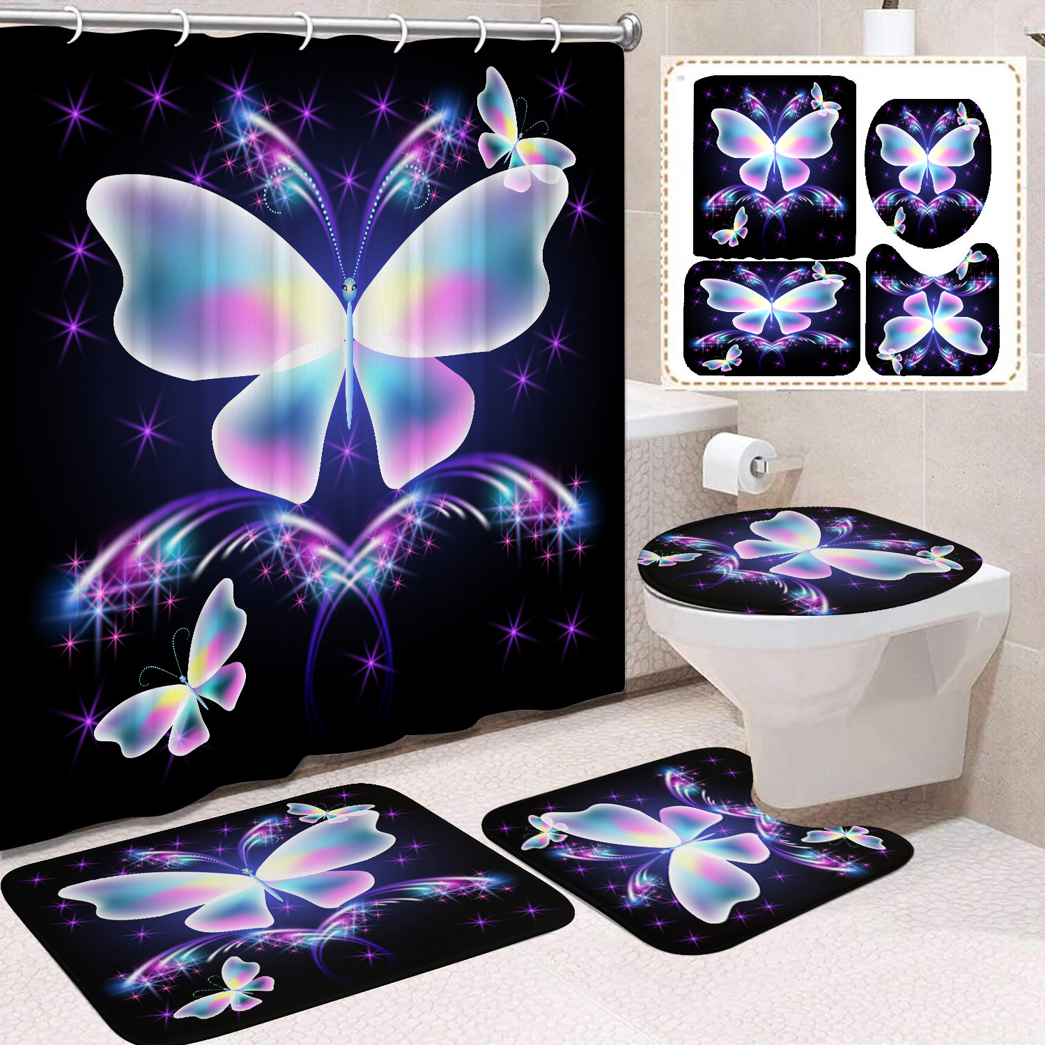 YL-38456 Home Decor Pink Butterfly and Flower Waterproof Shower Curtain Set (4 Pieces)