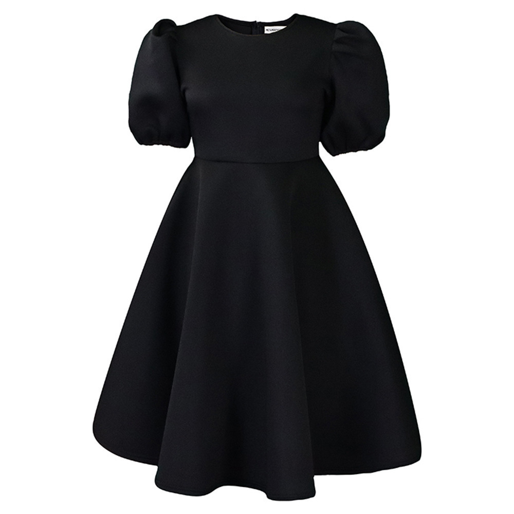 Plus size black casual womens dress with O-ring puff sleeves and A-line round neck slim fit Midi formal dress 240824 - view 9