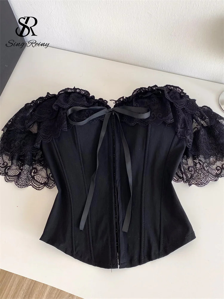 SINGREINY Feminine Lace Corset Tops Off Shoulder Lace Up Splice Summer 2026 Tank Top French Style Court Versatile Sensual Camis 260327