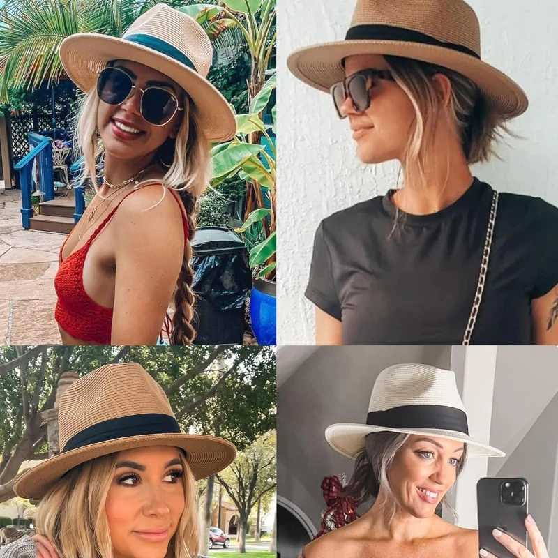 1pc Sun Hats for Women Wide Brim Roll-Up Beach Ponytail Panama Hat Packable Foldable Travel Straw Visor for outdoor tralve H260407