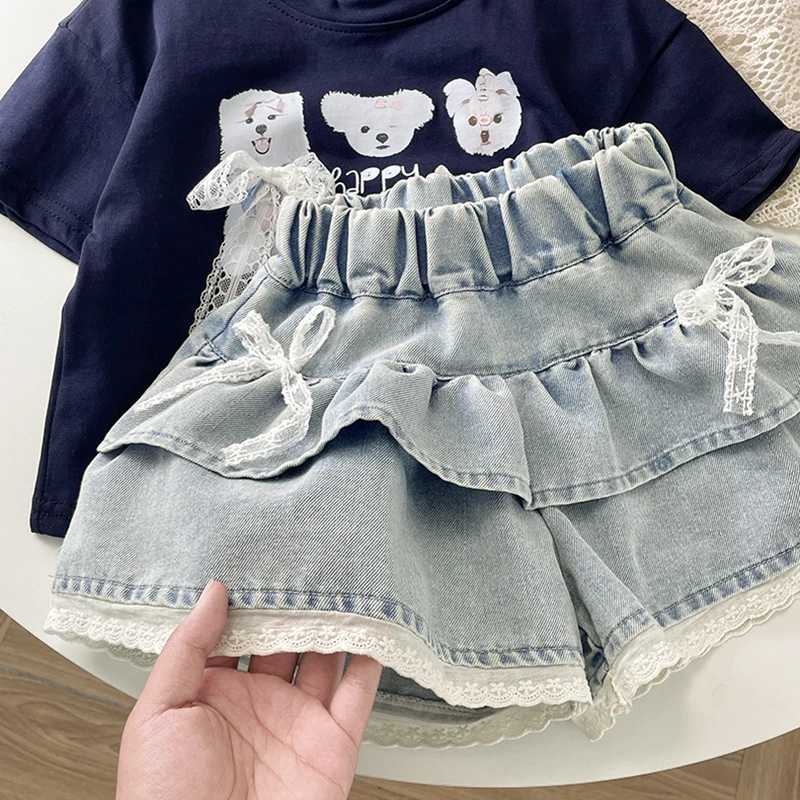 Girls Denim Lace-Trimmed Multi-Layered Tiered Skirt H260407